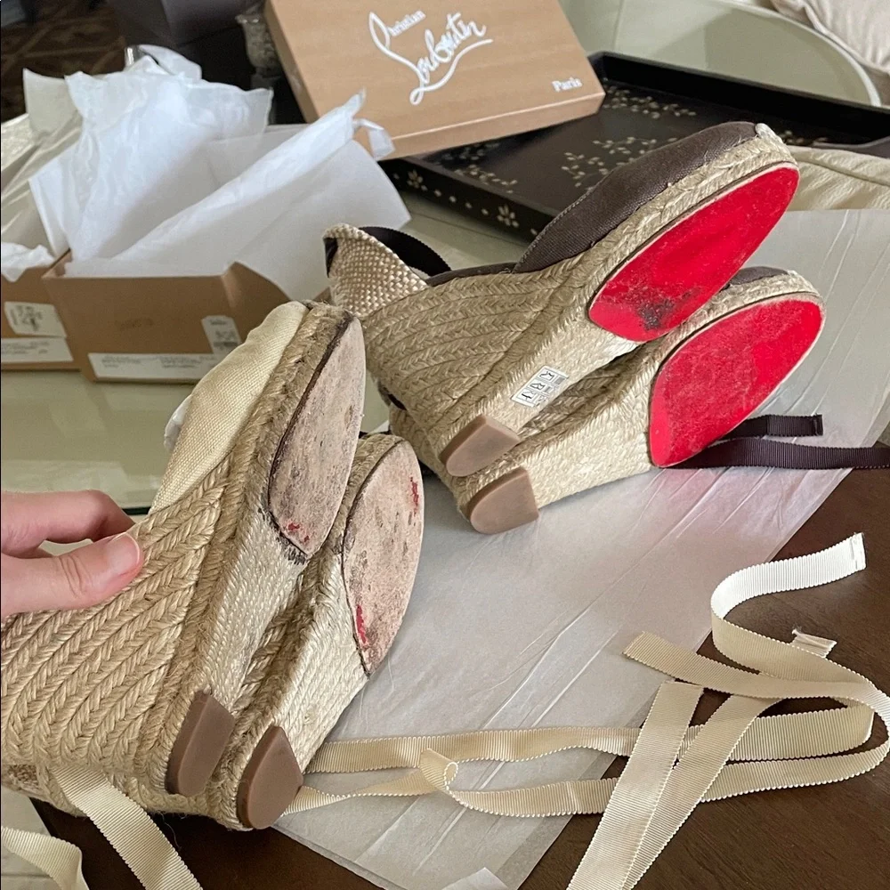 2 pair Christian Louboutin Brown Espadrille Flats with Ankle Ties